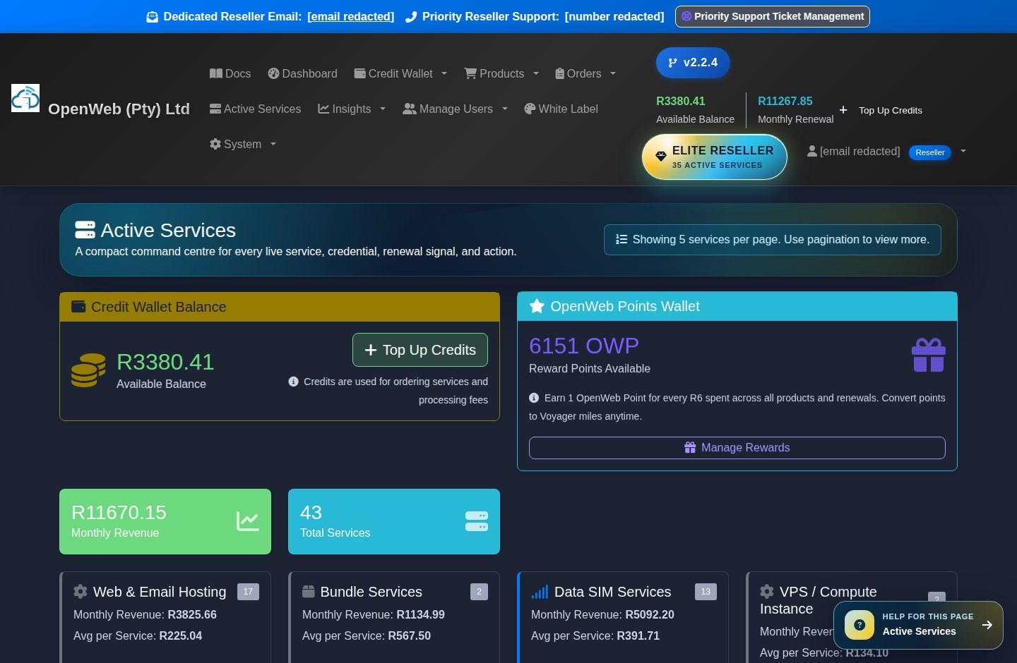 Current OpenWeb reseller panel screenshot: Active services management